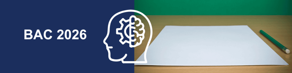 Illustration avec l’inscription « BAC 2026 », un pictogramme de tête avec engrenages et cerveau, et une copie blanche sur une table avec un crayon. Image associée aux actualités de septembre 2025 pour les parents d’ados : importance du contrôle continu pour le Bac, organisation scolaire, gestion du stress avec le cycle du sommeil, calculateur sommeil, sommeil et hormones, ainsi que vigilance sur l’apnée du sommeil et le traitement apnée du sommeil pour préserver la réussite des élèves.