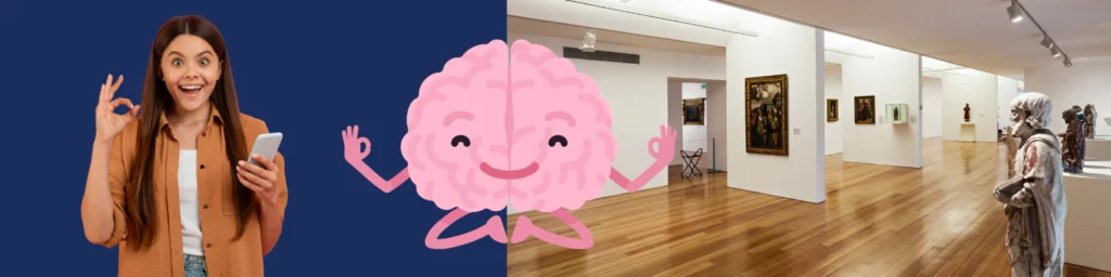 Illustration mettant en scène une adolescente souriante avec son smartphone, un cerveau cartoon qui médite, et un musée d’art. Image associée aux actualités de septembre 2025 pour les parents d’ados : sorties culturelles gratuites avec les Journées du patrimoine 2025, organisation scolaire liée au Bac, et bien-être grâce au cycle du sommeil, au calculateur sommeil, au lien entre sommeil et hormones, et aux solutions anti stress. Thématique abordant aussi l’apnée du sommeil et le traitement apnée du sommeil.