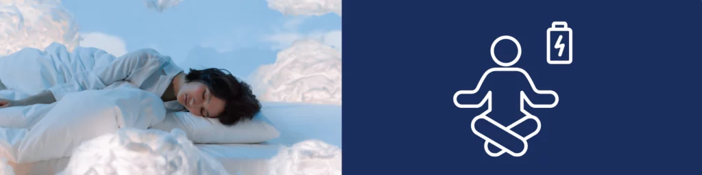 Illustration d’une adolescente dormant paisiblement sur un lit entouré de nuages et d’un pictogramme de méditation avec une batterie d’énergie. Image liée aux actualités de septembre 2025 pour les parents d’ados : importance du cycle du sommeil et du lien entre sommeil et hormones, vigilance face à l’apnée du sommeil et au traitement apnée du sommeil, conseils pratiques avec un calculateur sommeil et des solutions anti stress pour favoriser la récupération et le bien-être des adolescents.