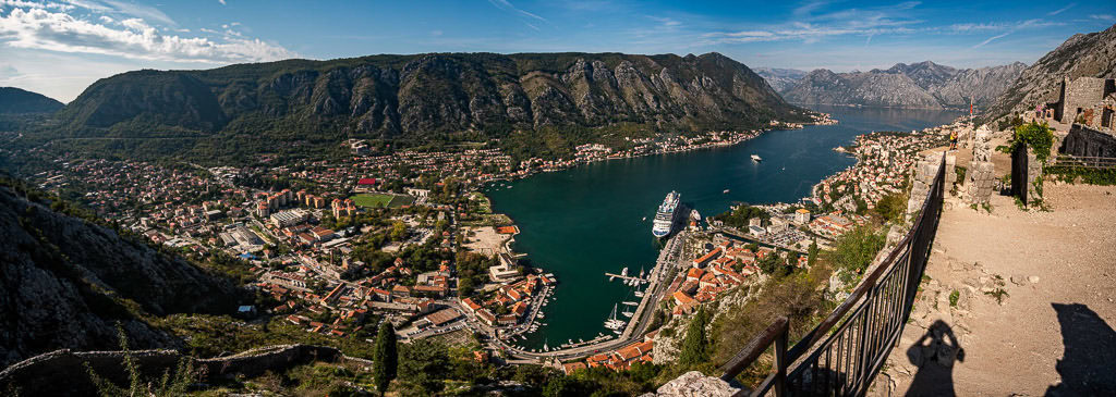 Panoramic photo of Kotor and Kotor Bay from Kotor Fortress after hiking the Kotor City Walls