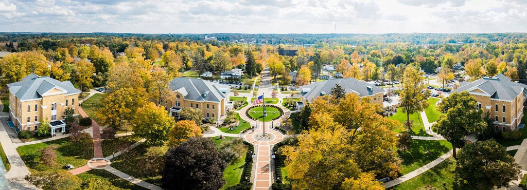 An aerial shot of Hillsdale's campus in the fall.