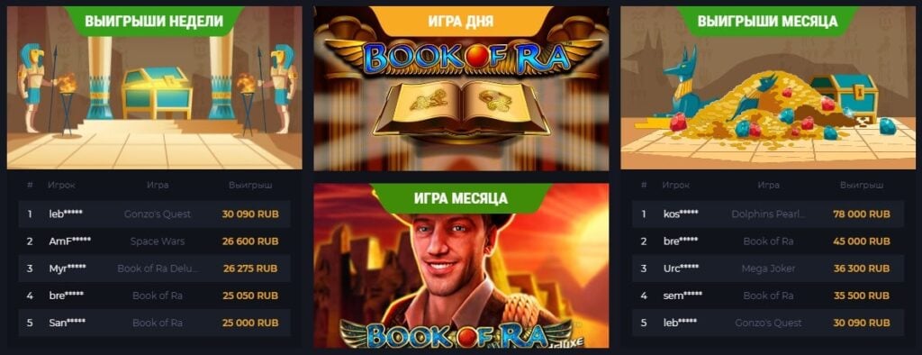 Выигрыши недели и месяца, игры дня и месяца