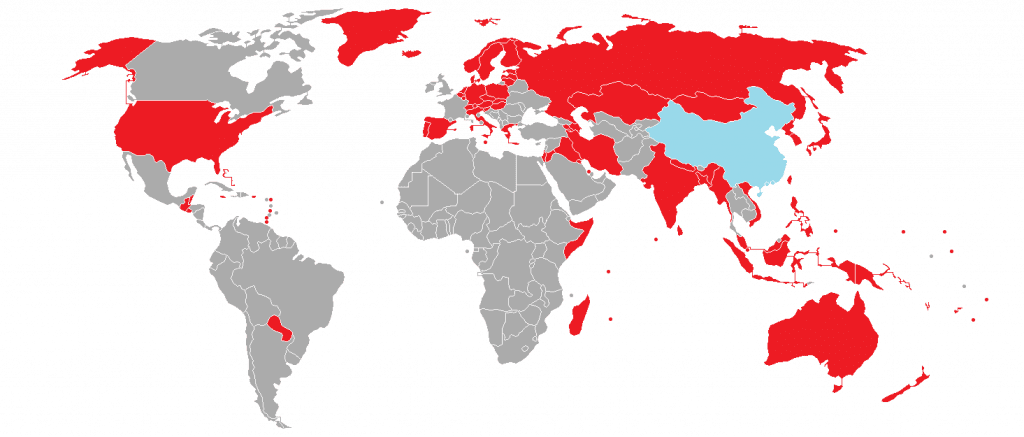 World map with countries with travel restrictions designated 'red'- Graphic depiction of Wuhan Coronavirus associated restrictions