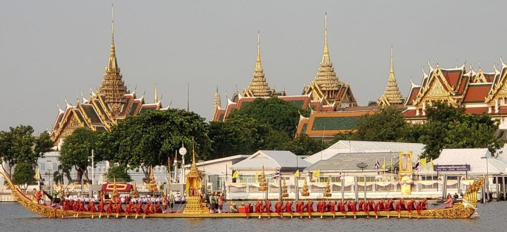 Longboats in front of Royal Palace during rehearsal of Thai Royal Barge Processional