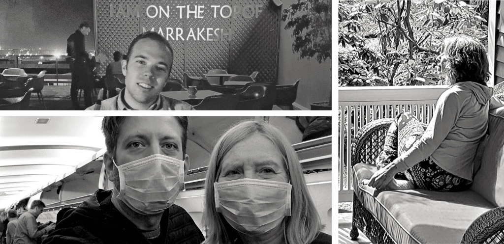 collage of three photos - Donnie on a rooftop bar in Marrakech, Jason and Carla in masks inside airplane, and Tisha sitting quietly in a garden