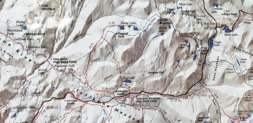graphic of map that shows trails for Backpacking Tuolumne Meadows to Young Lakes Yosemite