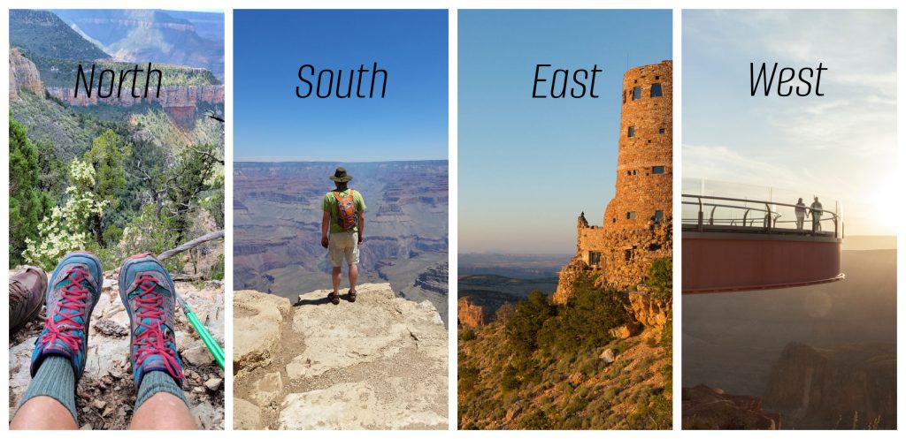 collage of 4 photos side by side depicting from left to right: North- hiking boots and poles on ledge looking over grand Canyon. South: day hiker stands on edge of canyon. East: tower of native rock on edge of canyon. Wset: couple stands on Skybridge over canyon