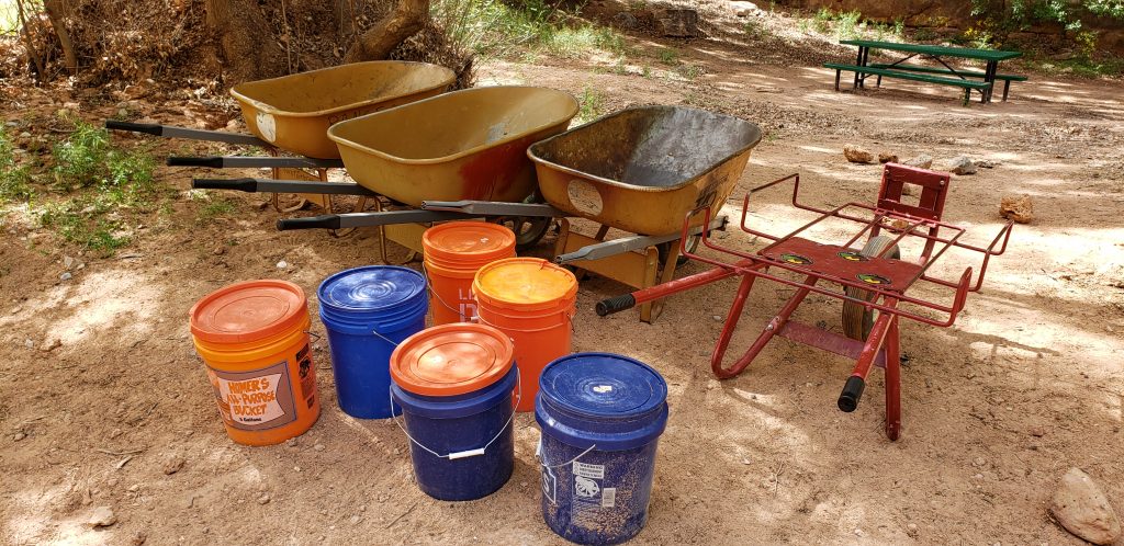 Wheel barrows and buckets await Havasupai Falls campers