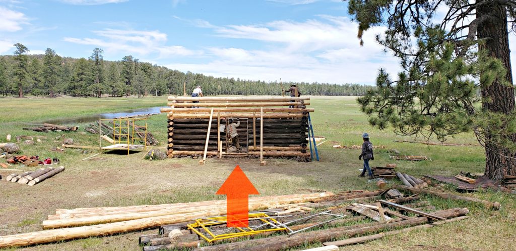 Arrow points to door of cabin in center of south side of Brolliar Cabin