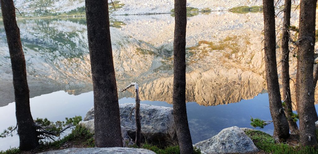 view of calm water mirroring the white mountains - 4 trees are siloutted on the bank of lower young LAkes Yosemite Nat'l Park