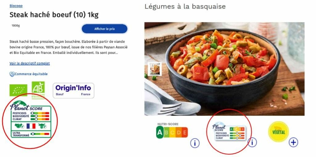 Illustrations of the Planet-score label on the Biocoop (left) and Picard (right) websites.
