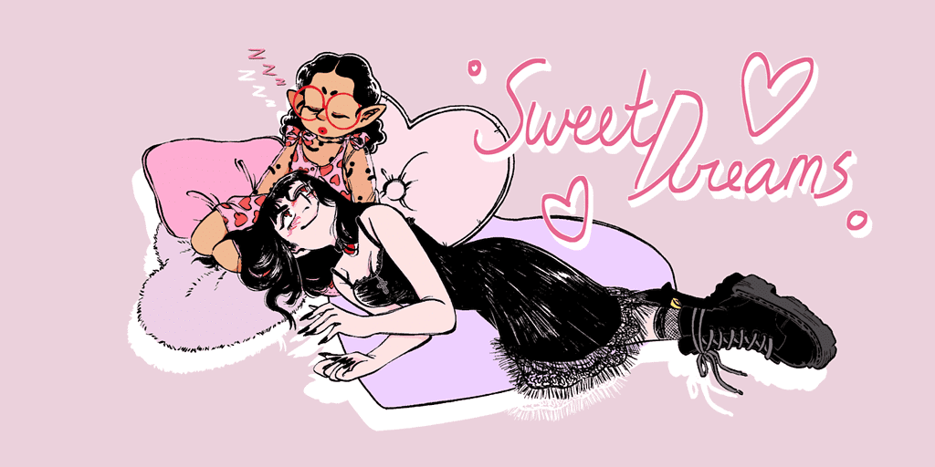 Illustration of the two characters from the webcomic, Vampire Girlfriends. Two girl vampires lounging happily with the words Sweet Dreams written above them.