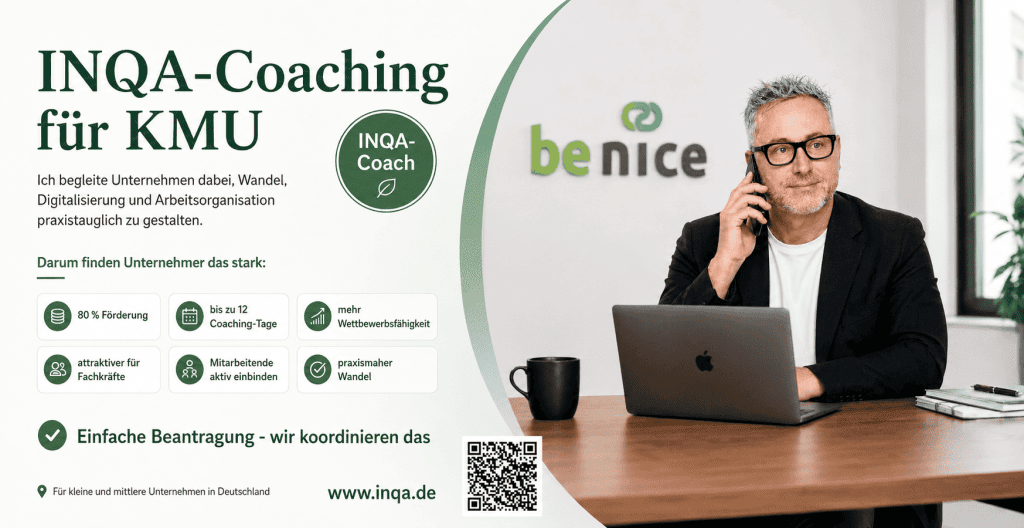 Headerbild displaying the INQA-SME-Funding-Program and Clemens Gutmann sitting at a desk making a call