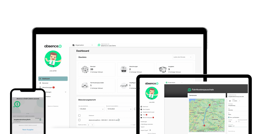 The travel expense reporting app from absence.io on an iPhone, a tablet, and a MacBook. On the smartphone, you can see the submission feature. On the tablet, you can see a Google Maps map and the submission of travel expenses. On the MacBook, you can see a view of the admin dashboards.