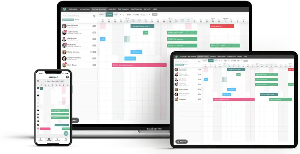 The digital vacation tracker from absence.io on a MacBook, an iPhone and an iPad.