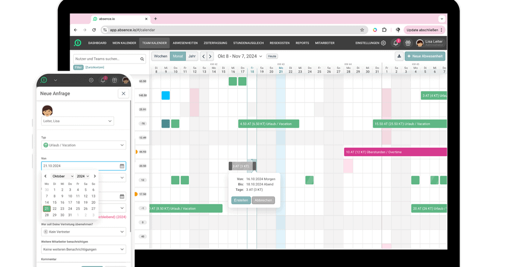 Das Abwesenheitsmanagement von absence.io auf einem Smartphone und einem Desktop. Auf dem Smartphone wird gerade ein Urlaubsantrag erstellt. Auf dem Laptop sieht man des Abwesenheitskalender eines Teams mit eingetragenen Abwesenheiten.