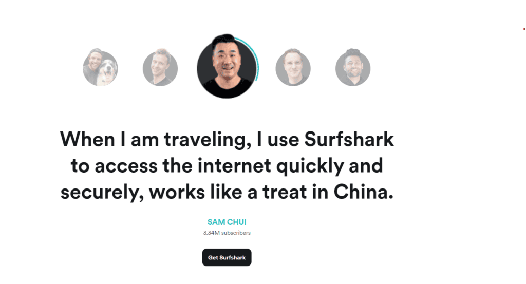 Screenshot showcasing how Surfshark uses influencer social proof.