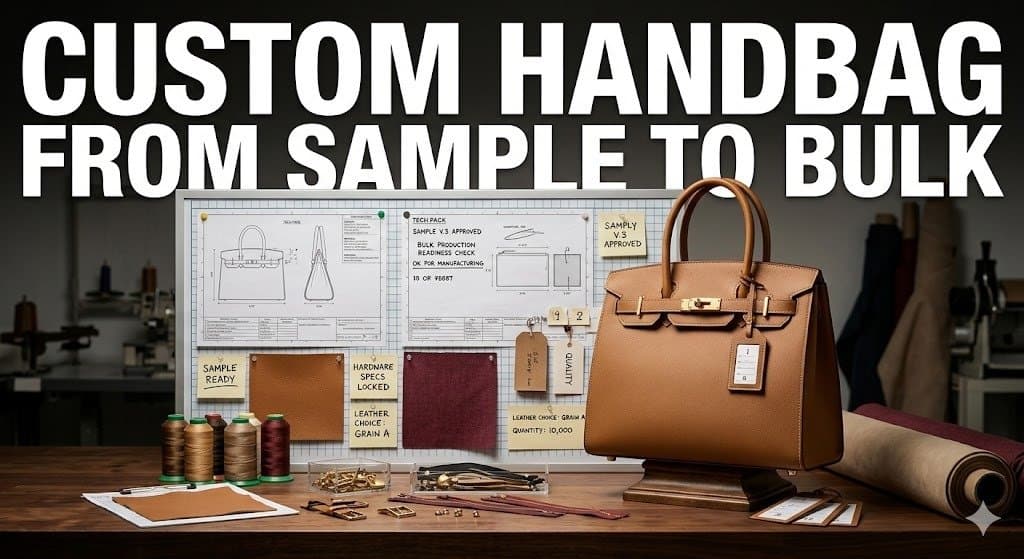 Cover image for custom handbag manufacturer in China article showing custom handbag development from sample review to bulk fit with strong click-focused headline