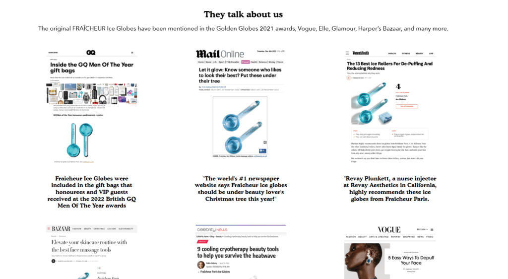 Screenshot showing Fraicheur use of media coverage to boost their social proof.