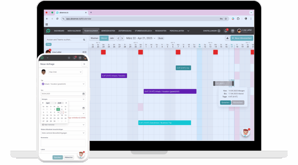 Webinar Hero Absence Management_DE Die digitale Urlaubsverwaltung und Abwesenheitsverwaltung von absence.io auf einem Laptop und einem Smartphone. Der Laptop zeigt einen Teamkalender und das Smartphone zeigt, wie gerade ein Urlaub erstellt und eingetragen wird.