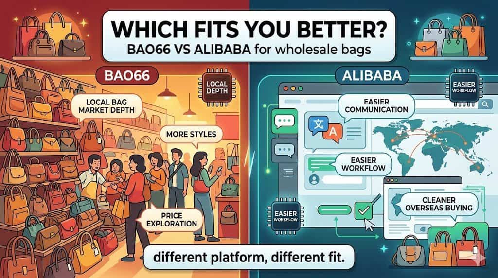 Editorial cover image for Bao66 vs Alibaba for wholesale bags showing that Bao66 offers local market depth while Alibaba offers easier overseas workflow