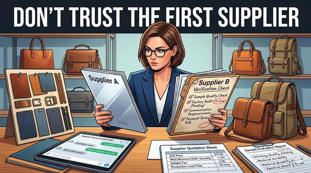 Editorial cover image showing buyer verification before paying a bag supplier, with the click hook DON'T TRUST THE FIRST SUPPLIER