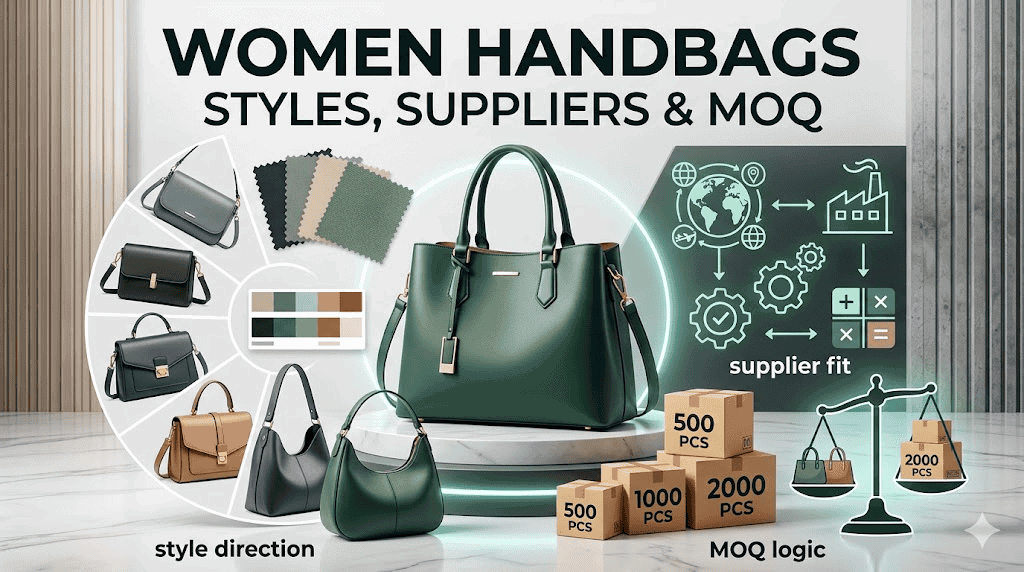 Editorial cover image for women handbags wholesale from China showing style direction, supplier fit, and MOQ judgment with strong readable headline treatment