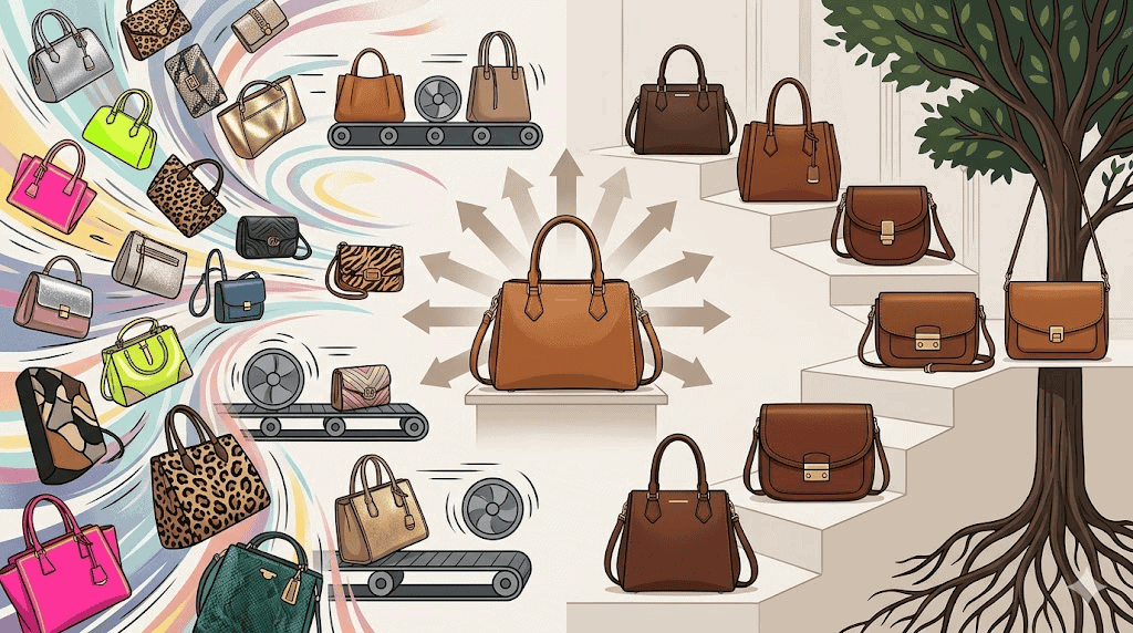 Editorial illustration showing women handbag buyers should first decide between fast trend styles and a longer-term product line before choosing suppliers