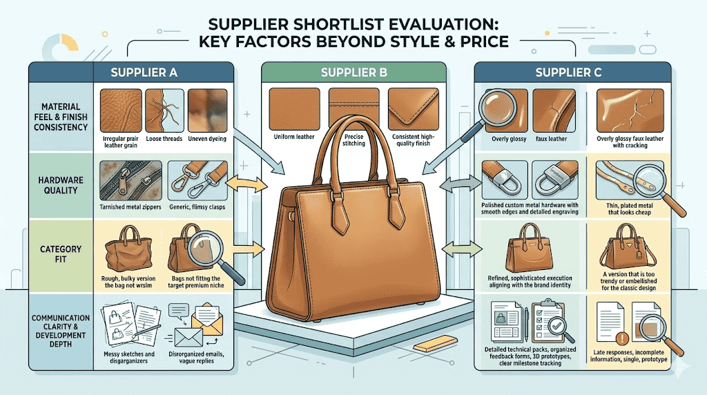 Editorial illustration showing what buyers should compare when shortlisting women handbag suppliers, including material feel, hardware quality, category fit, and communication depth