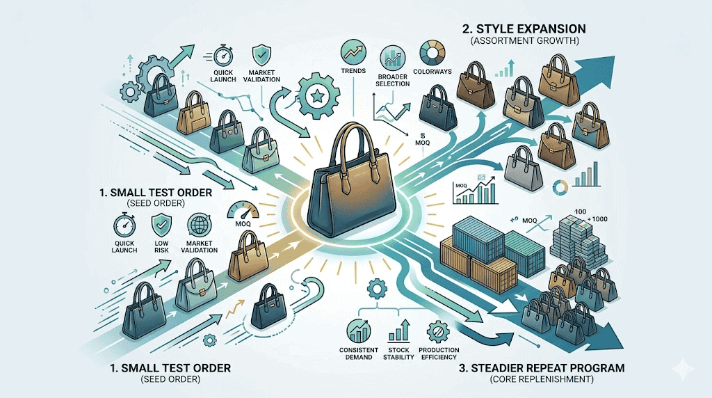 Editorial illustration showing women handbag MOQ should be judged through selling model, test order logic, style expansion, and reorder confidence