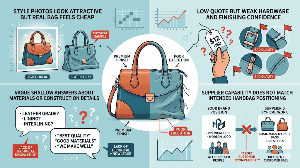 Editorial illustration showing warning signs a women handbag supplier is not the right fit, including weak product feel, shallow material answers, low-price confidence gaps, and poor positioning match