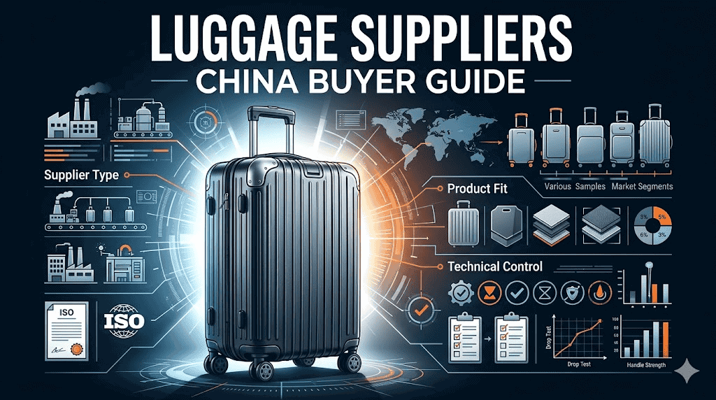 Editorial cover image for luggage manufacturers in China showing technical sourcing judgment, supplier comparison, and strong readable luggage buyer headline treatment