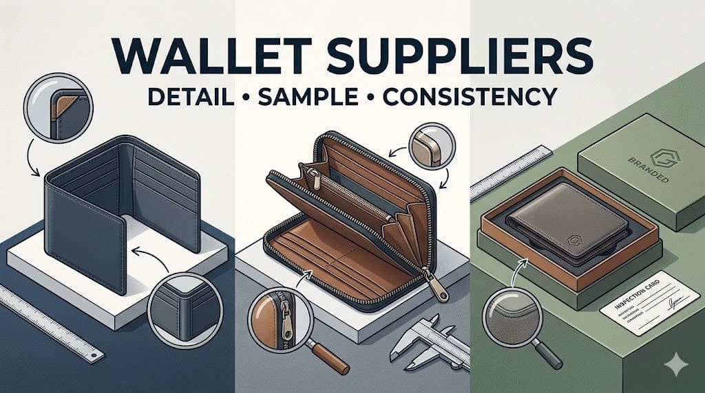 Editorial cover image for wallet suppliers in China showing different wallet sourcing directions and emphasizing that detail, sample truth, and repeat consistency matter more than a generic supplier claim