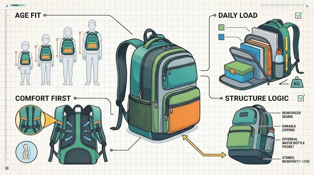 Editorial information-style illustration showing school bags should be judged through age fit, comfort, daily load, and structure logic instead of style alone