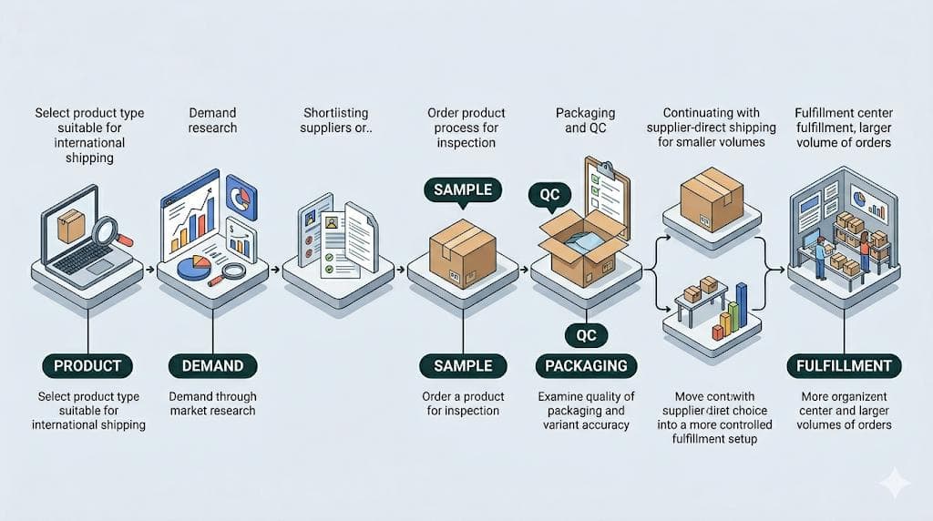 Editorial illustration showing a more stable Shopify dropshipping workflow from product selection and demand validation to supplier shortlisting samples packaging checks quality control and fulfillment setup
