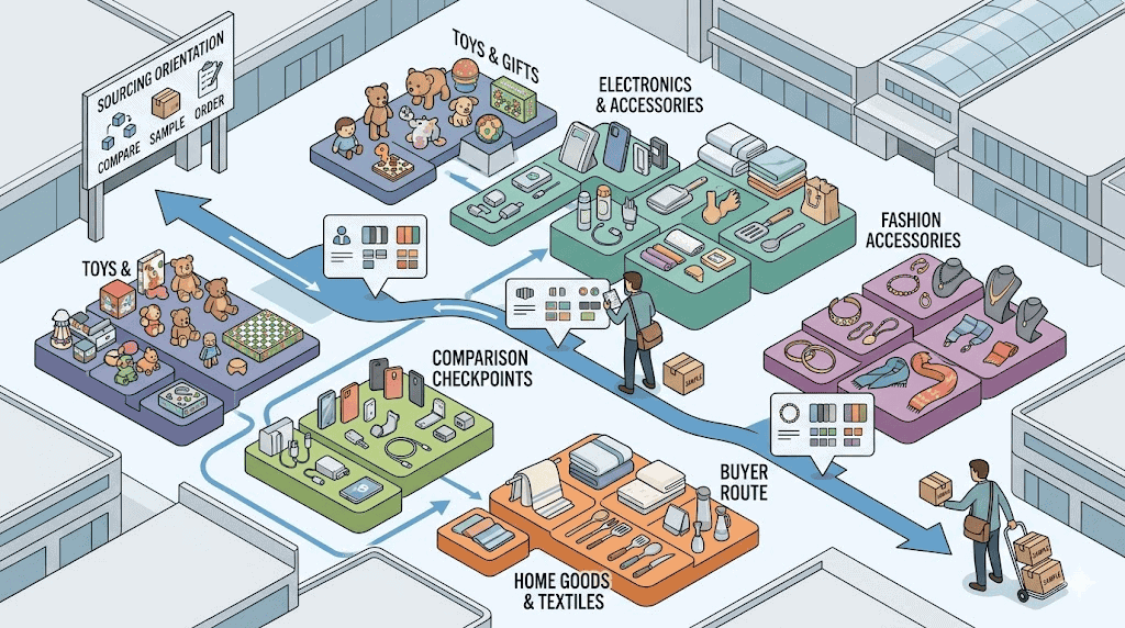 Editorial illustration explaining Yiwu market structure with district-style category clustering, buyer route guidance, comparison checkpoints, and sample handling for first-time global buyers