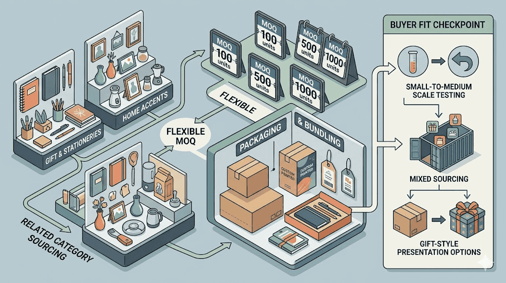 Editorial illustration showing why Yiwu suits buyers who need flexible MOQ, related-category sourcing, packaging options, bundling, and small-to-medium scale testing