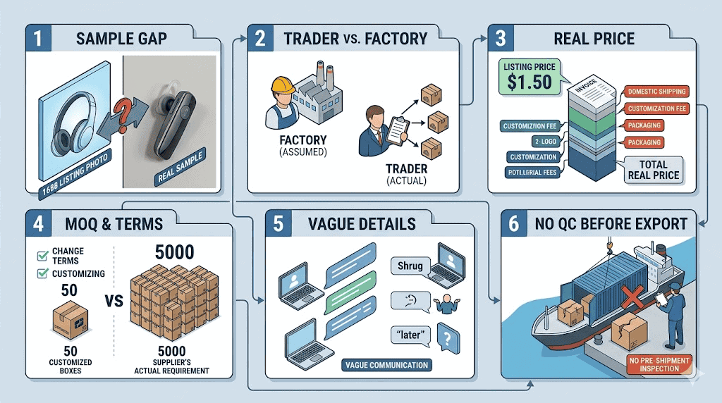 Common 1688 buying risks including listing mismatch supplier type price MOQ communication and missing inspection