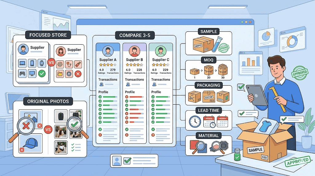 1688 supplier due diligence checklist covering supplier comparison specification MOQ sample and payment checks