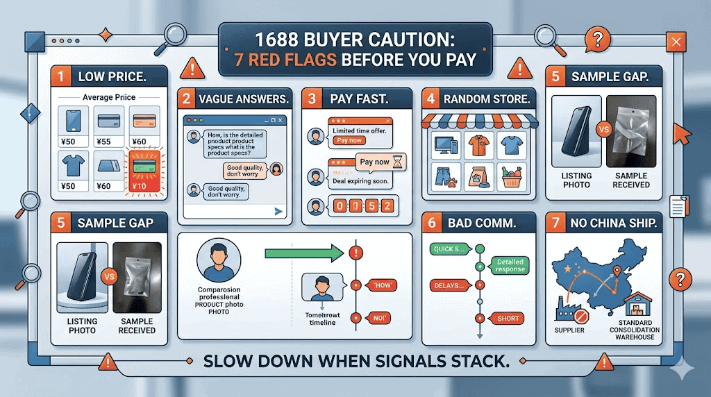 1688 buyer red flags including rushed payment vague answers unusually low price weak samples and poor China-side receiving