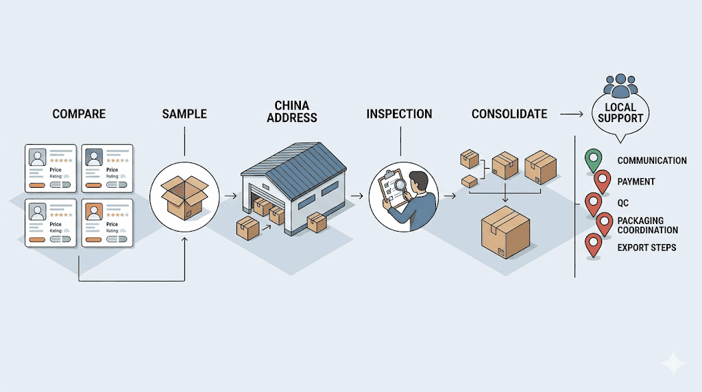 Safer 1688 workflow from supplier comparison and samples to China receiving inspection consolidation and export