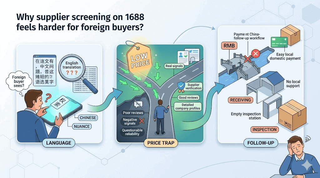 Editorial illustration showing the three main frictions for overseas buyers on 1688 including Chinese-language nuance loss price-trap comparisons and lack of China-side follow-up such as RMB payment receiving and inspection