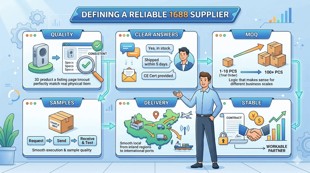 Editorial illustration showing the practical traits of a reliable 1688 supplier including consistent quality clear answers sensible MOQ stable sample support normal China delivery and steady behavior around payment