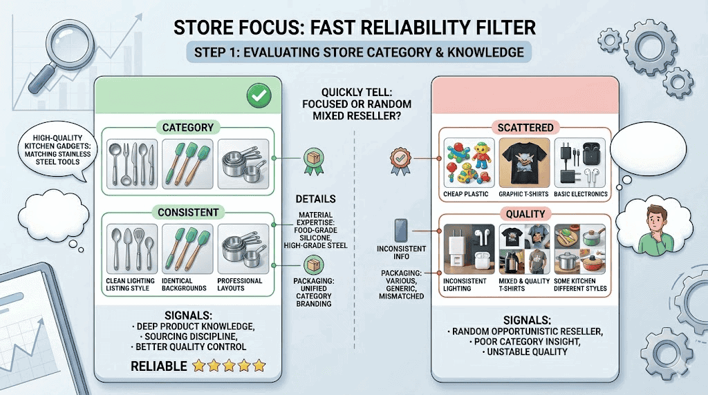 Editorial illustration comparing a focused category supplier with a scattered mixed-category store to show why store focus is a fast early filter for supplier reliability