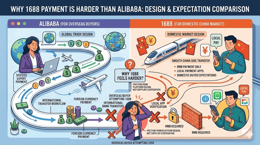 Editorial illustration comparing Alibaba international payment expectations with 1688 domestic market payment expectations including RMB local payment apps and China-side transfer workflows
