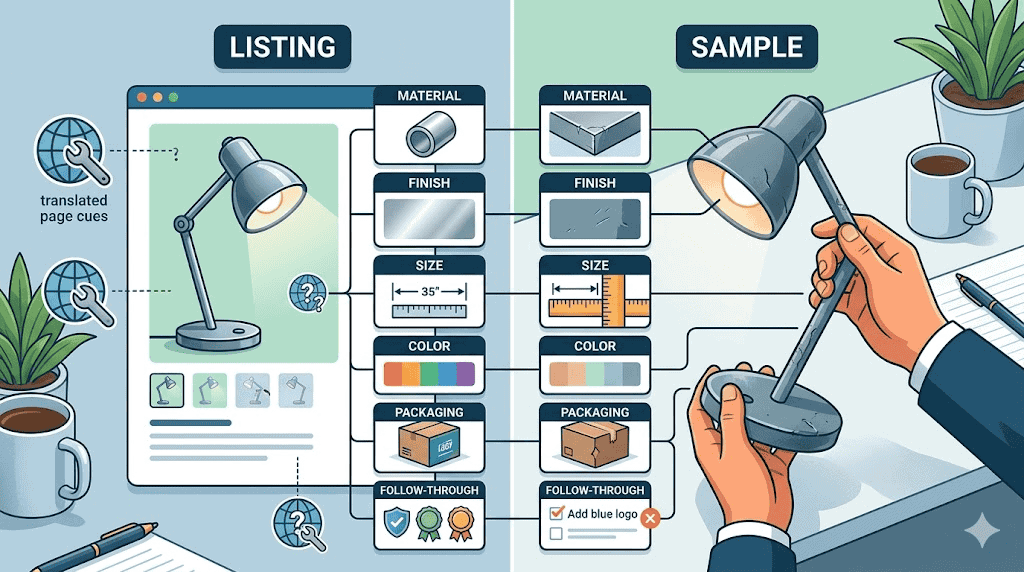 Editorial illustration comparing a polished 1688 product listing with real sample inspection across material finish size color packaging and supplier follow through