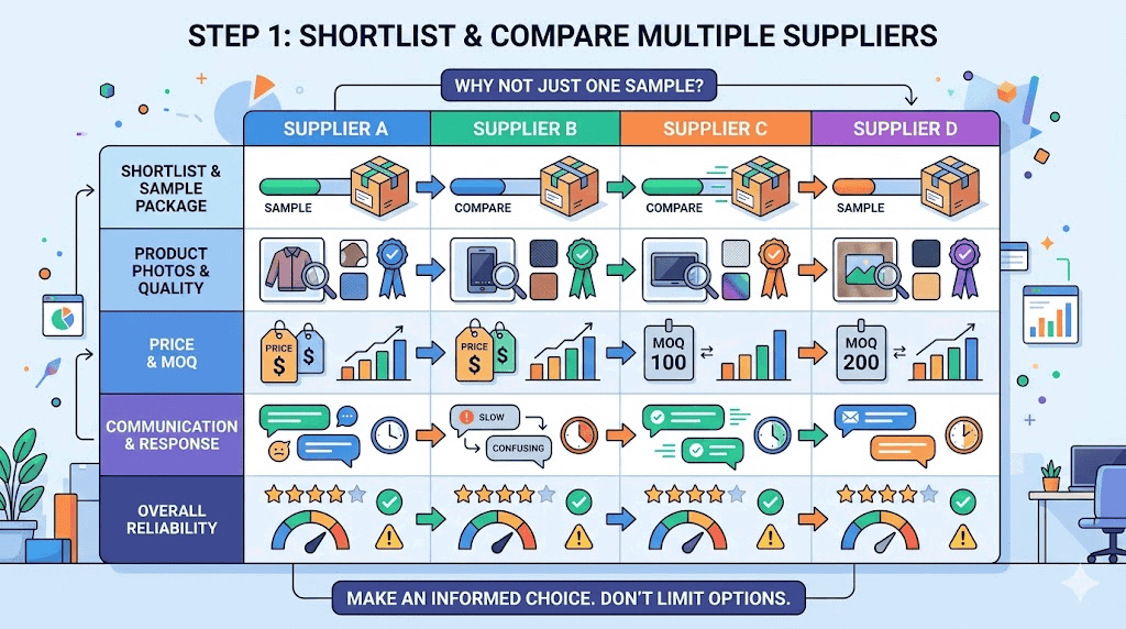 Editorial illustration showing a buyer comparing sample options from multiple 1688 suppliers across price logic MOQ product photos communication quality and reliability