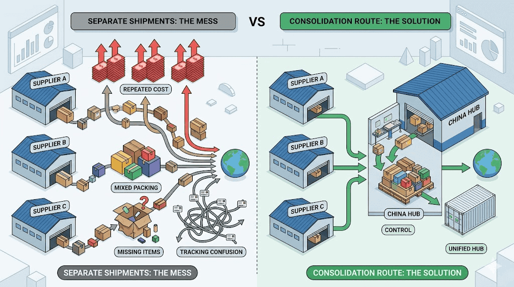 Editorial illustration comparing separate supplier shipments that create repeated shipping charges inconsistent packaging poor order visibility missing-item risk and tracking confusion with a calmer China-side consolidation hub