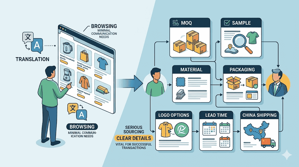 Editorial illustration comparing basic translation for browsing 1688 listings with more structured communication needed for MOQ samples material packaging lead times and China shipping decisions