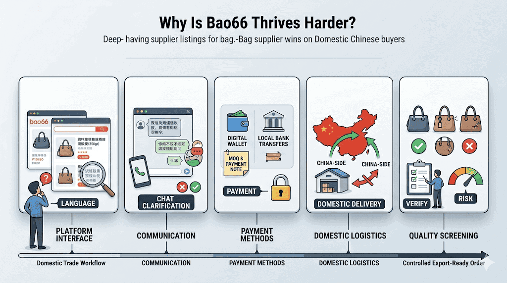 Editorial illustration mapping the main friction points foreign buyers face on Bao66 including Chinese platform details supplier communication payment difficulty domestic delivery preference and supplier quality screening
